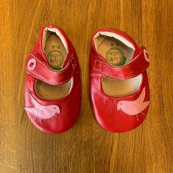 LIVIE & LUCA Pio Pio Baby Shoes Girls 0-6 Red Mary Jane Soft Crib Shoe Birds - Picture 4 of 9